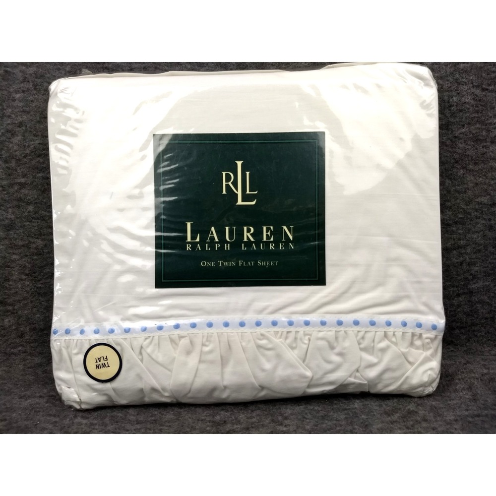 Ralph Lauren Twin Flat Sheet Elizabeth St Embroidered Blue Dot Ruffle Cotton NEW